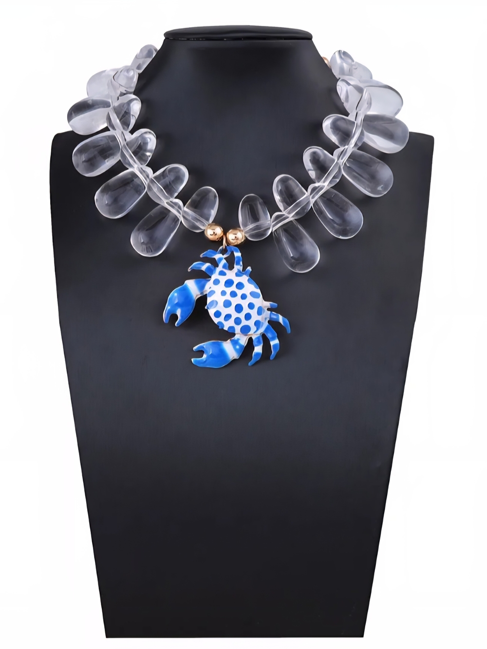 Clear Bead Choker Necklace with Blue Polka Dot Crab Charm